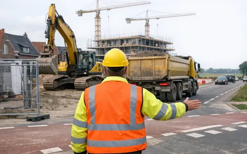 Verkeersregelaar begeleidt een graafmachine en vrachtwagen bij de uitrit van een bouwterrein